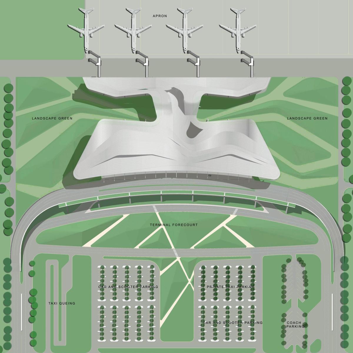 Landscape plan showing carpark, two levels of access roads and apron.